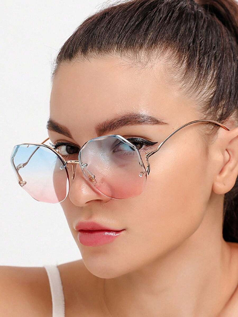 1 件女士圆形无框渐变水钻边时尚眼镜，适合日常佩戴圆形墨镜