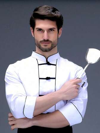 中式长袖厨师服，男女通用餐饮制服，适用于酒店、烹饪、烘焙、餐厅