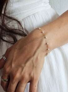 1pc Dainty Faux Pearl Chain Bracelet Stainless Steel Minimalist Elegant Pearl Beaded Bracelet For Women Wedding Jewellery, Bridesmaid Gift, Mothers Day Gift