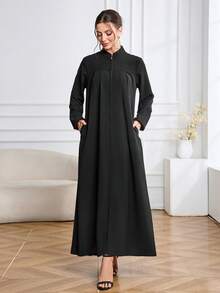 Arabic Style Women's Solid Color Zip-Up Collar Long Sleeve Dress Black Spring - Black - View 1