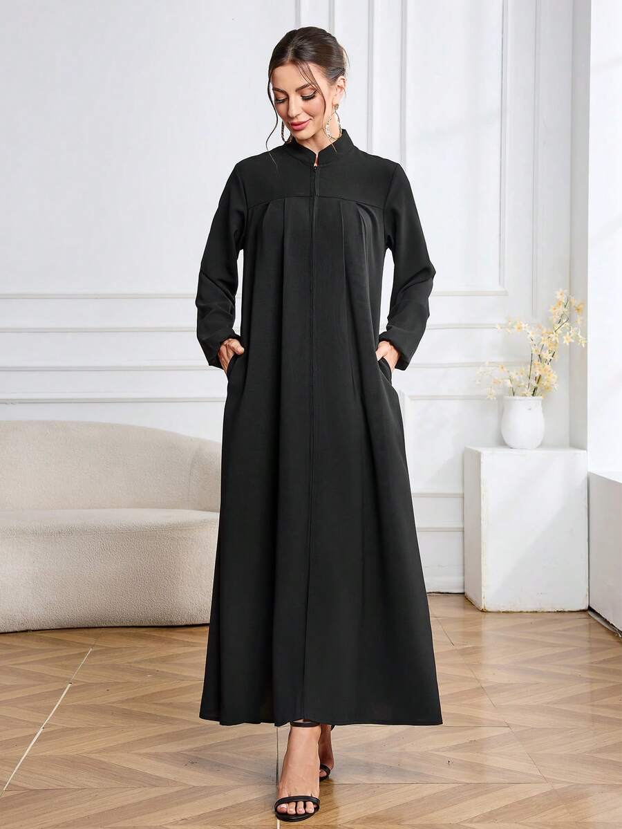 Arabic Style Women's Solid Color Zip-Up Collar Long Sleeve Dress Black Spring - Black - View 1