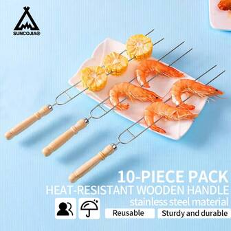  Suncojia Stainless Steel Barbecue Skewers, Grill Forks, U-Shaped Skewers, Chicken Wing Skewers, Sausage Forks, Reusable Grilling Tools With Heatproof Wooden Handles, 10pcs/Set, Essential For Barbecue