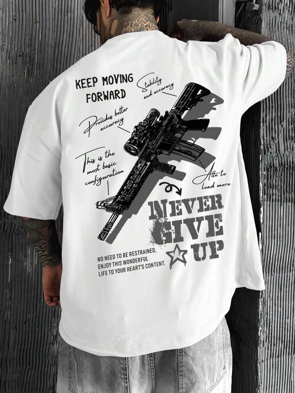 Men's Casual White Loose Fit Round Neck T-Shirt With Gun Graffiti Print