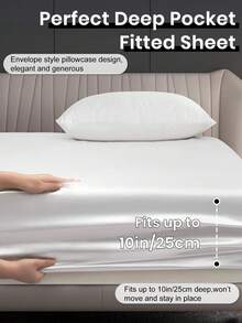 3/4pcs Satin Fitted Sheet Set, Bedding Set, Bed Sheets, Solid Color Bed Sheet Set, White Bedding Set, Mattress Cover Set, Skin-Friendly Bed Cover Set,  Soft And Comfortable Bedding, 1pc Flat Sheet, 1pc Fitted Sheet With 1/2pcs Pillowcase, Deep Pocket, For Single/Twin/Full/Queen/King Bed Sizes, Luxury Bedding, Machine Washable, Cool Touch For Sleeping, Perfect Valentine's Day Gift, Valentine's Day, Valentine's Gift - trắng - Xem 4