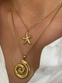 Set de 2 piezas de collar con aro texturizado y estrella de mar, chapado en oro de 18k, elegante y versátil para uso diario, vacaciones, playa y fiestas