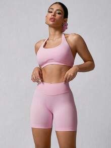 NcmRyu Women's Seamless Elastic Racerback Pilates Running Training Fitness Casual Sports Bra And Shorts Set - 粉色 - 查看 9