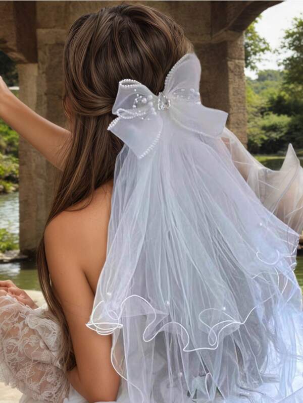 1 Stück Mädchen Schleife & Kunstperlen Dekor Mode Schleier für Party, eleganter Schleifen-Dekor Mini-Schleier Haarclip, geeignet für Brautkleid, Brautaccessoires