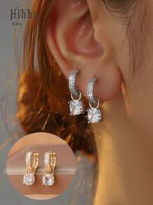 Hihho 1 Pair Fashionable Shiny White Square Zirconia Inlaid Pendant Earrings, Delicate & Lively Jewelry For Women, Suitable For Date, Party, Banquet, Wedding