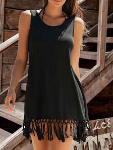 LanaWest 女式纯色流苏下摆无袖罩衫连衣裙（夏季） - 黑色 - 查看 3