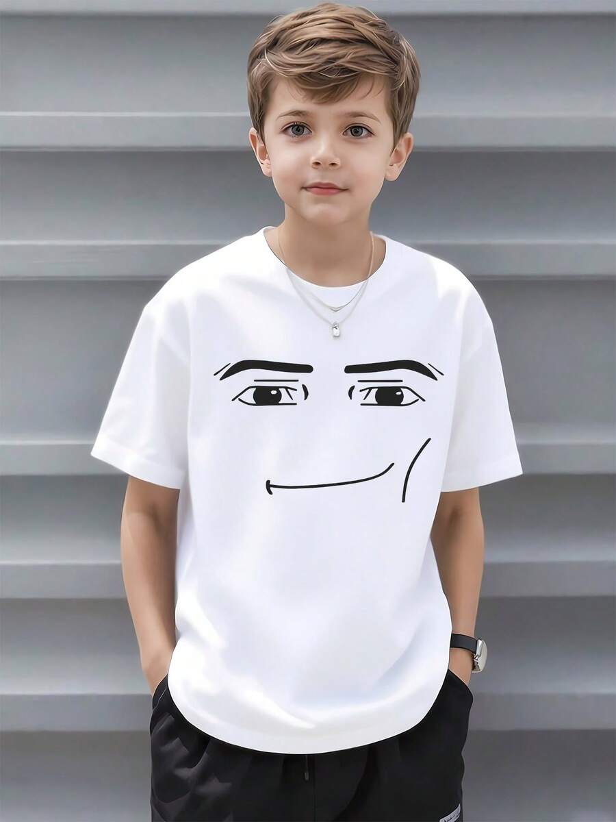 Smiling Face And Childlike Fun Printed T-Shirt, 100% Breathable 180g Short-Sleeved Top, Machine Washable Casual Style, Suitable For All Seasons, Humorous And Youthful Shirt, A Fashionable T-Shirt For Boys And Girls, Suitable For Both Adults And Children - 白色 - 查看 1