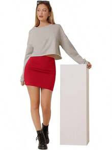 Women's Basic High Waisted Pencil Bodycon Short Skirt - 紅色 - 查看 2