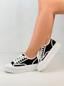 Lace-Up Round Toe White Sneakers, Versatile Thick Sole Casual Shoes, Preppy Style Canvas With Contrasting Trim, Suitable For Beach, Office, Home, All Seasons - Black - View 3