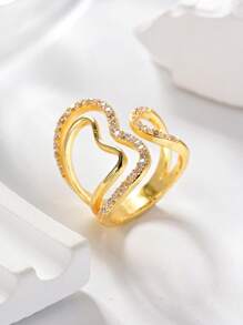 1PC Minimalist Fashion Asymmetric Line Double Layers Heart Ring,Gold Creative Geometric Hollow Out Adjustable Ring,Summer Beach Vacation Glamour Accessory,Elegant Jewelry Gift,Valentine's Day Gift For Everyday,Dating,Party,Holiday,Wedding.