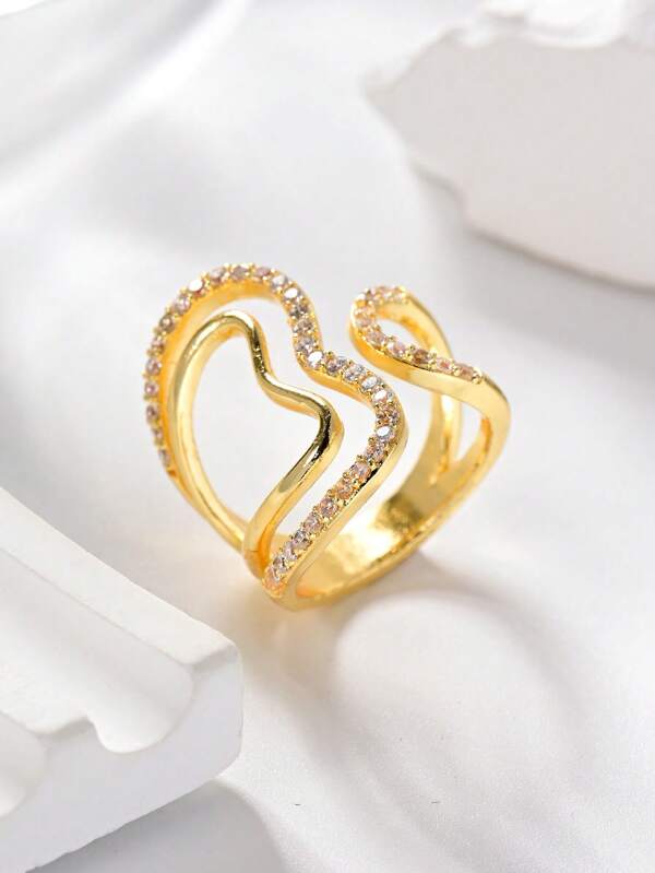 1PC Minimalist Fashion Asymmetric Line Double Layers Heart Ring,Gold Creative Geometric Hollow Out Adjustable Ring,Summer Beach Vacation Glamour Accessory,Elegant Jewelry Gift,Valentine's Day Gift For Everyday,Dating,Party,Holiday,Wedding.
