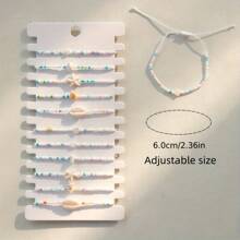 12pcs Set Pearl, Starfish, Shell Handmade Braided Adjustable Bracelet (Randomly Colored Pearls)
