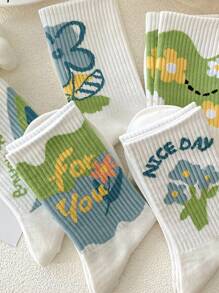 4 Pares Meias de Cano Médio Femininas com Impressão de Flor e Letra, Meias Casuais Sólidas e Fofas com Estampa Fofa, Confortáveis, Macias, Casuais, Esportivas, Versáteis para Viagem, Estilo Minimalista para Uso Diário