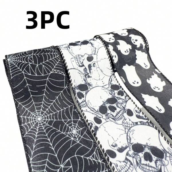 3PCS,Halloween Wired Edge Ribbon Spooky Boo Ghost Spider Wed Checks Decorative Ribbon Black White Halloween Craft Ribbon For Wreath Bow Making DIY Gift Wrapping Supplies