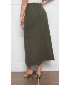 W167 Women's Midi Skirt Side Detail Fake Pocket Zipper Back Simple Sexy Polyester Skirt Beach Evening Holiday Wedding Sports Office All - 苔綠色 - 查看 2