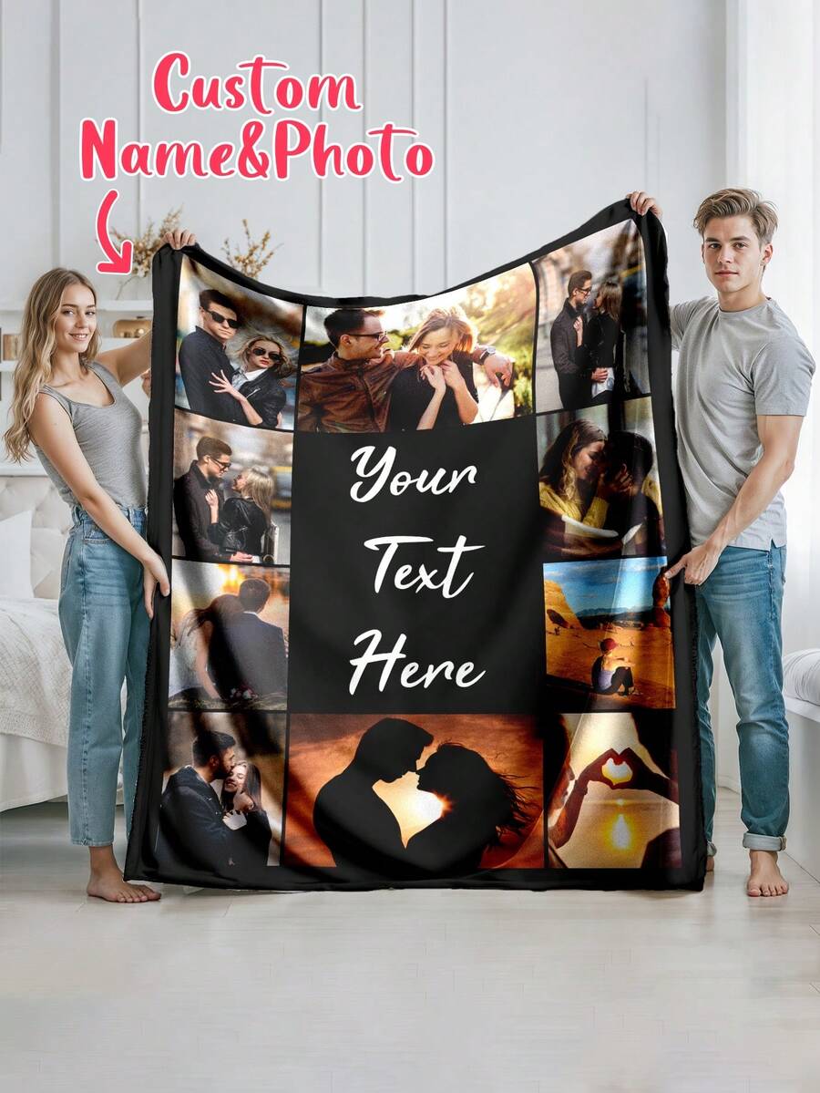 1pc Customized Photo Blanket, Personalized Flannel Blanket With Photos And Text, Mother's Day/Father's Day Gift For Mom/Dad, Home Bedding, Customized Picture Blanket, Family Personalized Photo Blanket For Mother's Day, For Birthdays, For Valentine's Day, For Graduation, For Father's Day, For Weddings, For Housewarming, Sofa, Bed, Car, Tea Room, Bedroom, Bathroom, Living Room, Dining Room - Multicolor - View 1