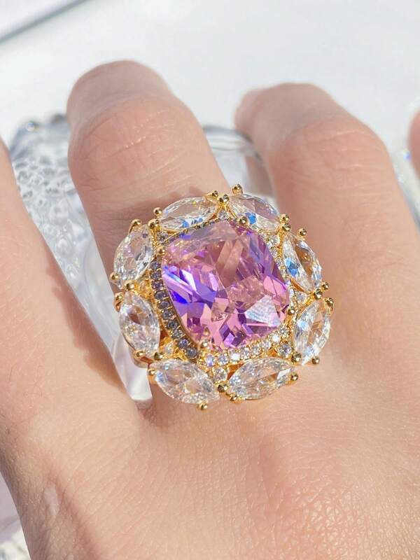 1pc Elegant Luxurious Zirconia Pink Flower Ring For Women High Quality Iced Out Bling Colorful Flower Jewelry Ring Suitable For Women Wedding Banquet Engagement Wear Anniversary Birthday Gift