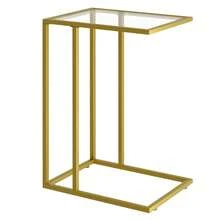Mesa auxiliar en forma de C, mesa auxiliar para sofá, mesa auxiliar con marco de vidrio templado y metal, mesa auxiliar pequeña para TV, ideal para espacios reducidos, sala de estar, dormitorio, mesita de noche, estilo moderno, color dorado. - Dorado - Ver 10