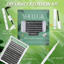 YOULUCK Enchantress Lashes Clusters Lash Extension Waterproof Long-Lasting Fluffy And Weightless Look Individual Eyelash Extensions With Ultra-Thin Band & Sea L& Remover Makeup Girls Beginner Friendly - 黏合密封劑,去除劑和鑷子(黑膠) - 查看 5
