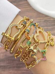 STYLEVER 1 件金扣手链，特殊双链设计，不锈钢链条，搭配光滑表面手链，独特精致的风格，适合节日礼物