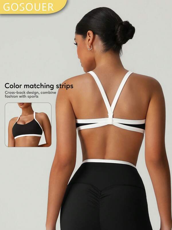 GOSOUER Sutiã esportivo push-up com bojo removível e à prova de choque, cor contrastante, feminino, para corrida, ioga, fitness, atividades ao ar livre