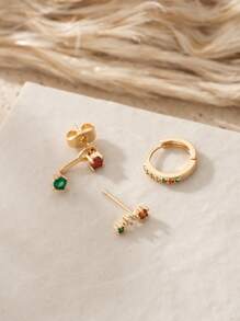 3pcs Colorful Cubic Zirconia Stone Earring Set, Minimalist Design Copper Jewelry Suitable For Daily, Dating, Party Wear