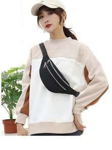 Túi đeo hông vừa có khóa kéo phía trước màu đen Tối giản chống thấm nước, túi đeo vai Preppy cho ngày đầu tiên đến trường - màu đen - Xem 6