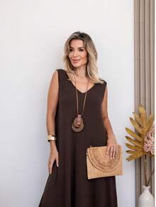 Women's Long Dress With Side Slit Plus Size - 鏽棕色 - 查看 2