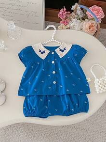 Baby Girl Ditsy Floral Embroidery Collar Ruffle Sleeve Top & Shorts 2 Pieces Set, Summer - 藍色 - 查看 6