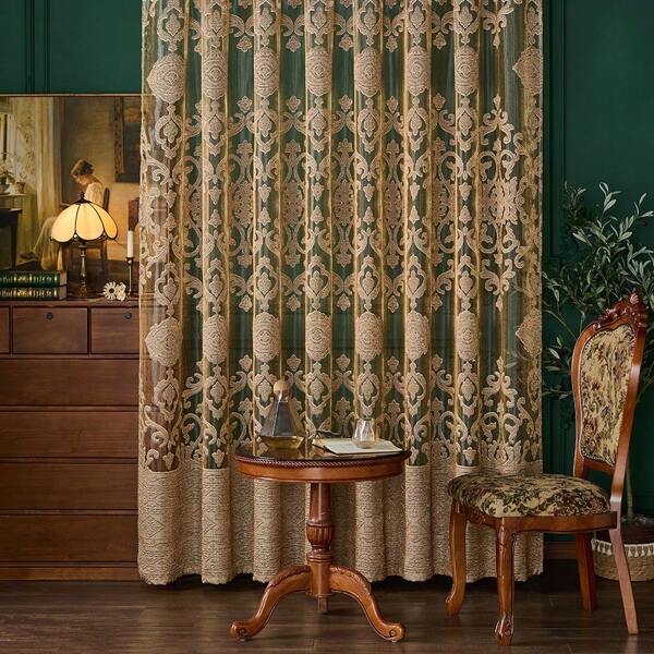 2pcs/Set 2-Piece Metal Punched Retro American Style Geometric Hollow-Out Jacquard Sheer Curtains Set, Atmosphere Decoration Lightweight Transparent Window Drapes
