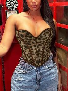 Blazique Top Tubular Modelador com Estampa de Leopardo, Ilhós, Amarração Frontal e Costas Abertas, Ideal para Festivais de Música no Estilo Y2K - Multicolorido - Visão 7
