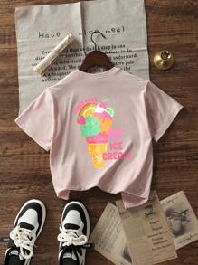 Camiseta casual de cuello redondo de manga corta con estampado rosa para niñas, parte superior de verano para adolescentes y estudiantes