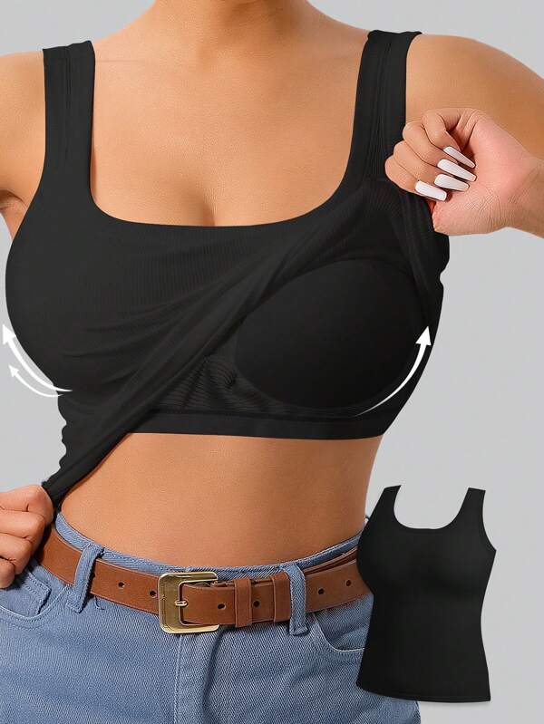 Débardeur de sport décontracté, grande taille, dos nageur, rembourré, ajusté, couleur unie, camisole à superposer
