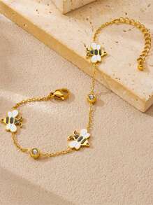 Enamel Dripping Oil Bee & Zirconia Women's Bracelet, Stainless Steel Gold Plated, Versatile, Elegant Jewelry Gift For Women, Suitable For Party And Ceremony