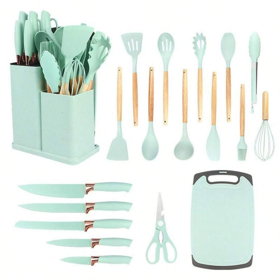 19-Piece High-Grade Stainless Steel Stylish And Practical Kitchen Knife Set, 5 Sharp Chef's Knives With 9 Pieces Of Silicone Kitchenware, Whisk Tongs And Cutting Board Silicone Easy To Clean, Dishwasher Ready, Suitable For Cooking Enthusiasts, Pastry Chefs, Chefs Essential Kitchen Utensils Set, Gift Essentials - 薄荷綠 - 查看 1