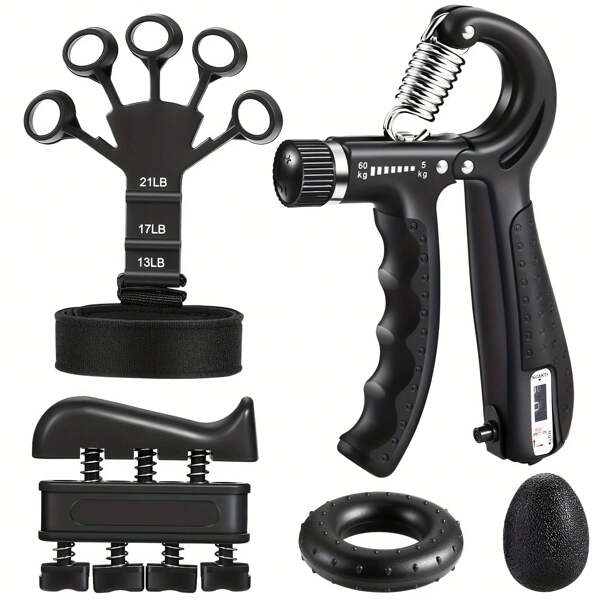 Grip Strength Trainer Kit (5 Pcs) With Finger Exerciser, HandGrip Strengthener, Hand Stretcher, Hand Strength Ball AndForearm Exercise Rings For Muscle Building