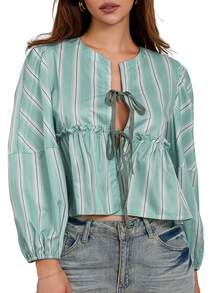 Women's Babydoll Tops Loose Fitting Striped Collared Front Tie-Up Long Sleeve Ruffled Blouse For Summer - màu xanh lá - Xem 1