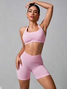 NcmRyu Women's Seamless Elastic Racerback Pilates Running Training Fitness Casual Sports Bra And Shorts Set - 粉色 - 查看 2