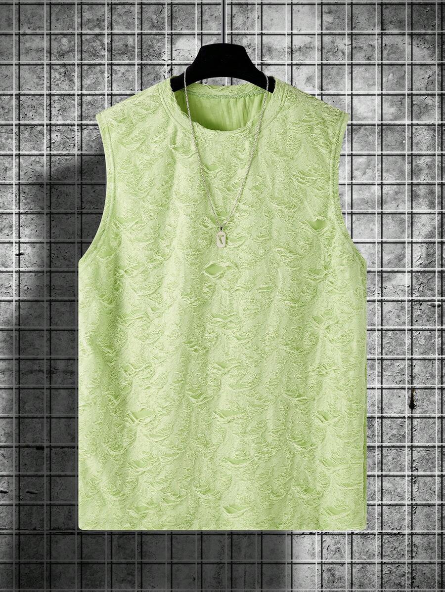 Men's Vintage Texture Ripped Design Casual Sleeveless Top, Spring/Summer - Green - View 1
