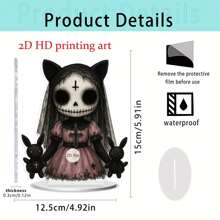 1 pieza Decoración de escritorio de muñeca de horror gótico 2D de acrílico, diseño plano 2D único con cabello rosa, calavera blanca, rosa negra y atuendo delicado, adecuado para Halloween, bares, cafeterías o regalos para amigos