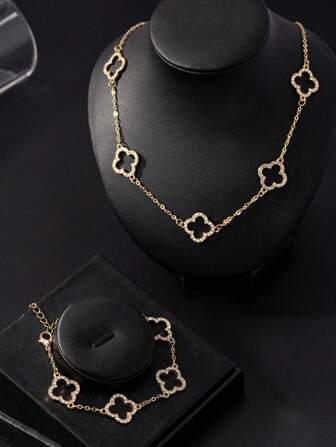 2pcs/Set Fashion Hollow Floral & Clover Elegant Necklace Bracelet Jewelry Set, Suitable For Women Daily Wear