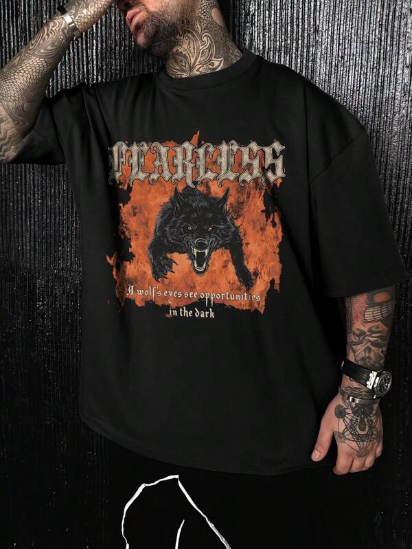 Young Men's Casual Black Loose Fit Crew Neck T-Shirt With Flaming Wolf Graphic Print