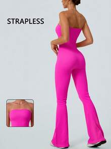 NcmRyu 1 Set Solid Color Seamless Tube Top Bodysuit Women S Slimming Jumpsuit Fitness Apparel Yoga Wear Gym Activewear Stretchable Body Shaper Sleeveless Flare Jumpsuit Comfortable Activewear For Fitness Gym Running And Outdoor Activities - 玫紅色 - 查看 8