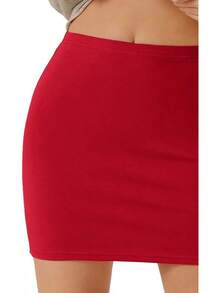 Women's Basic High Waisted Pencil Bodycon Short Skirt - 紅色 - 查看 5