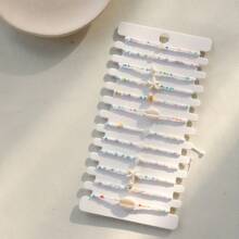 12pcs Set Pearl, Starfish, Shell Handmade Braided Adjustable Bracelet (Randomly Colored Pearls)