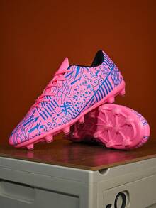 Unisex Professional Low-Top Football/Soccer Shoes, PU Leather Upper With Stripe Design, Suitable For Match & Training, All Season Wear, Athletic Style, Durable Structure, For Competitive Players - Pink - View 2