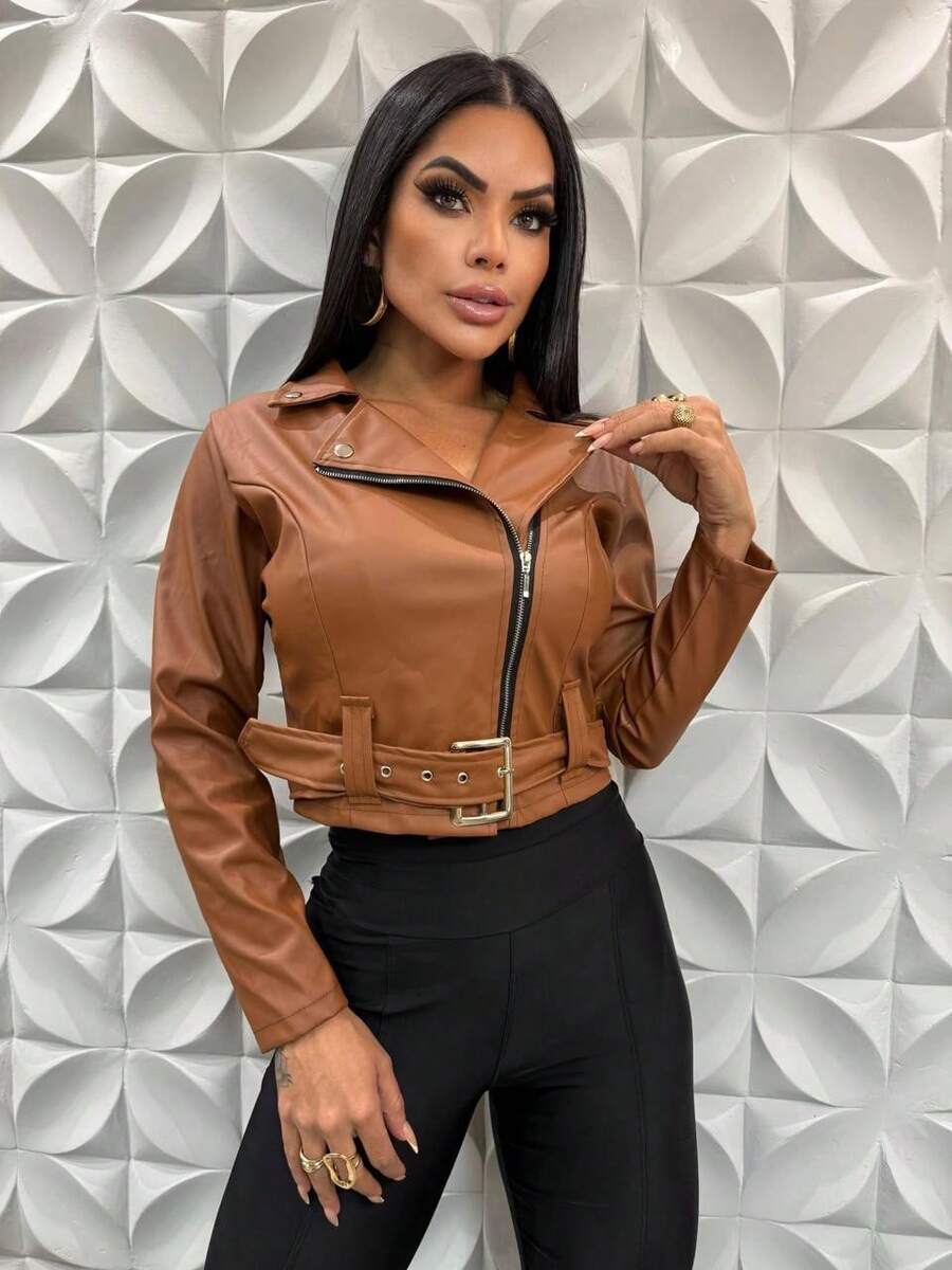 Stylish Women's Leather Jacket With Zipper And Buckles Autumn Winter Fashion - 鏽棕色 - 查看 1